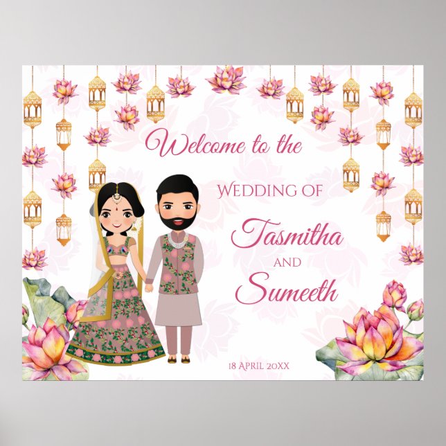 Affiche Lotus lanterns Indian wedding personalised welcome (Devant)