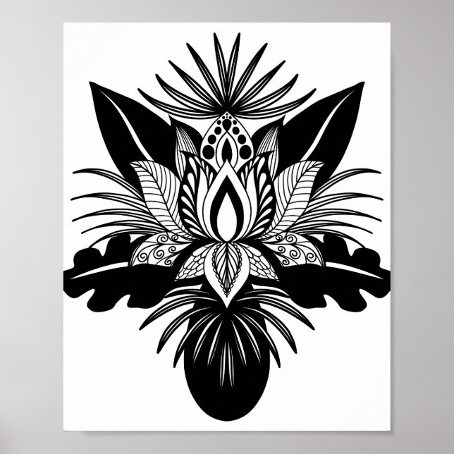 Affiche Lotus Leaf moderne Bohème Noir Blanc Tropical (Devant)