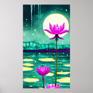 Affiche Lotus rose Fleurs et Pleine lune