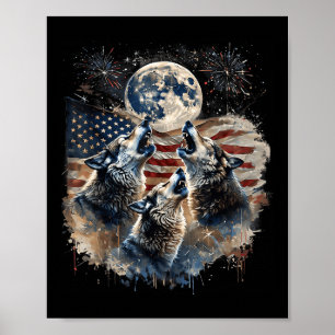 Affiche Loup 4 juillet hurler des loups sous la lune Améri