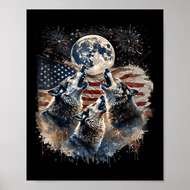 Affiche Loup 4 juillet hurler des loups sous la lune Améri (Devant)