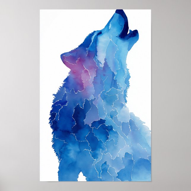 Affiche Loup à l'aquarelle bleue hurlant (Devant)