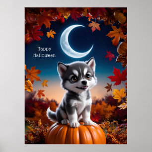 Affiche Loup adorable avec Crescent Moon Halloween Art