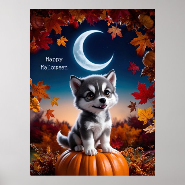 Affiche Loup adorable avec Crescent Moon Halloween Art (Devant)