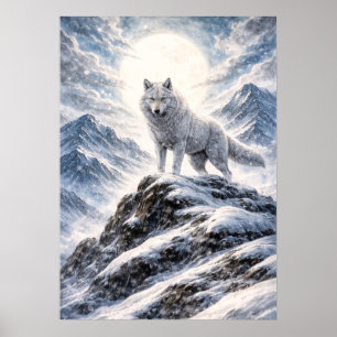 Affiche Loup Arctique Sur Le Sommet D'une Montagne Enneigé