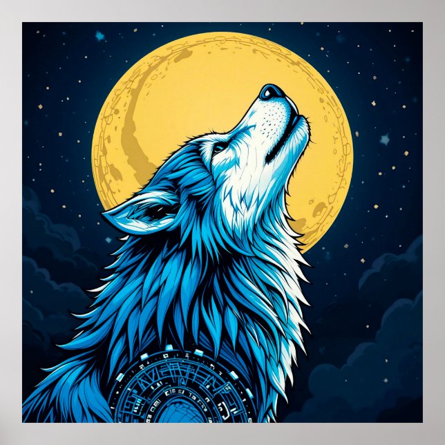 Affiche Loup bleu mystique hurler à une Pleine lune (Devant)