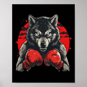 Affiche Loup boxeur avec gants de boxe kickboxing boxe drô