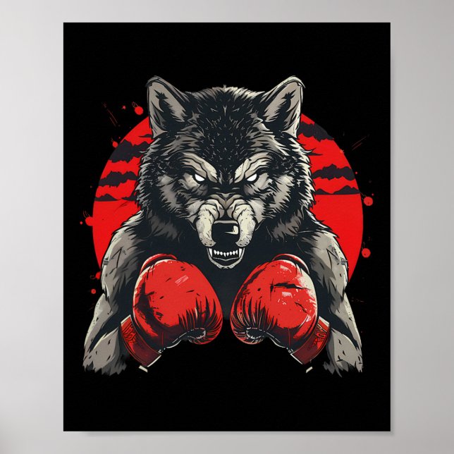 Affiche Loup boxeur avec gants de boxe kickboxing boxe drô (Devant)