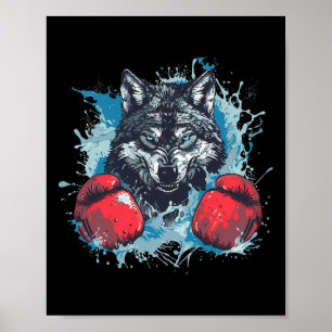 Affiche Loup boxeur avec gants de boxe Kickboxing Boxe drô