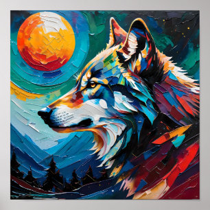 Affiche Loup céleste sous la lune peinte – Abstrait