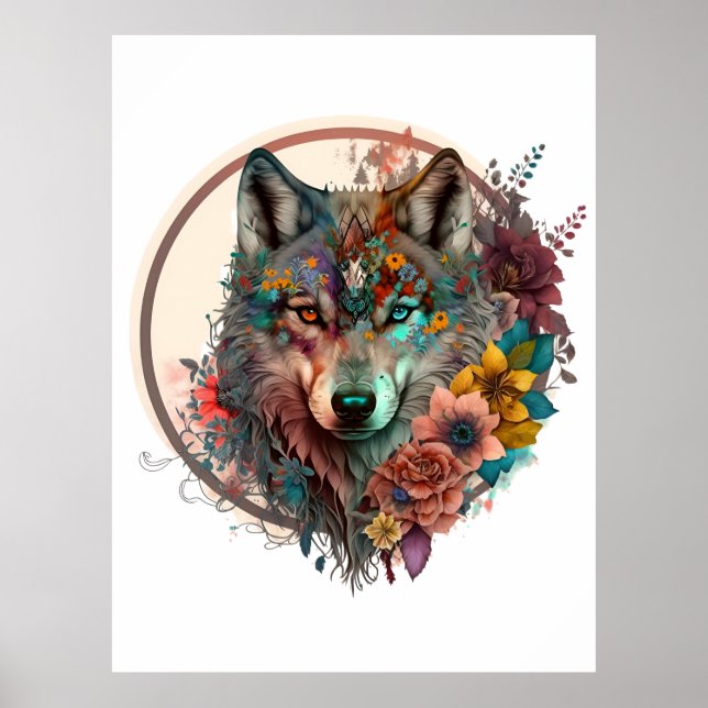 Affiche Loup Coloré Avec Fleurs (Devant)