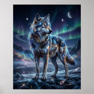 Affiche Loup Cosmique Sous le Ciel de l'Aurore
