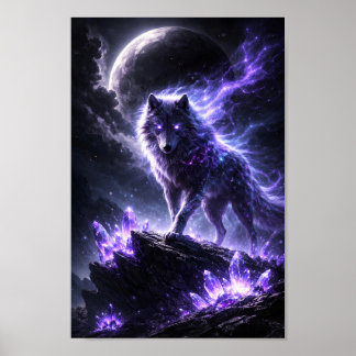 Affiche Loup Cristallin de Montagne Fantastique Violet Cél