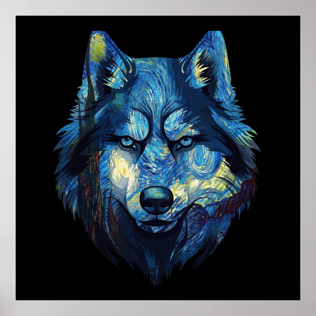 Affiche Loup dans la nuit étoilée abstrait faune (Devant)