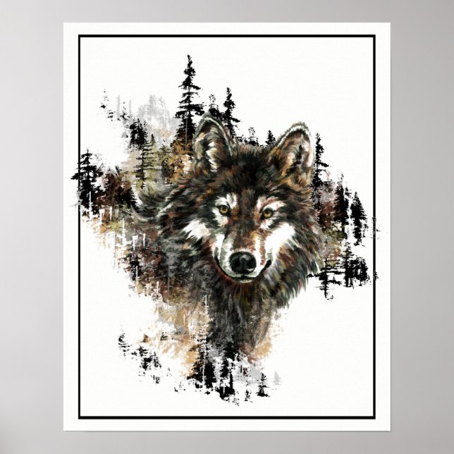 Affiche Loup d'aquarelle avec art de montagne (Devant)