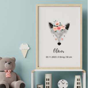 Affiche Loup d'aquarelle mignonne avec fleurs   Boho Nurse