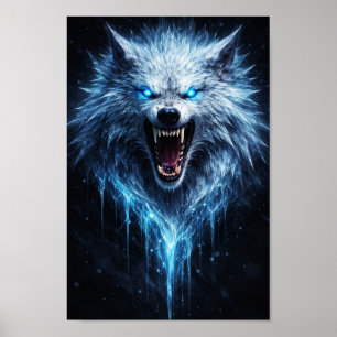 Affiche Loup de glace lumineux bête grognante