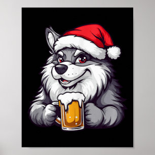 Affiche Loup de Noël drôle avec bande dessinée de bière