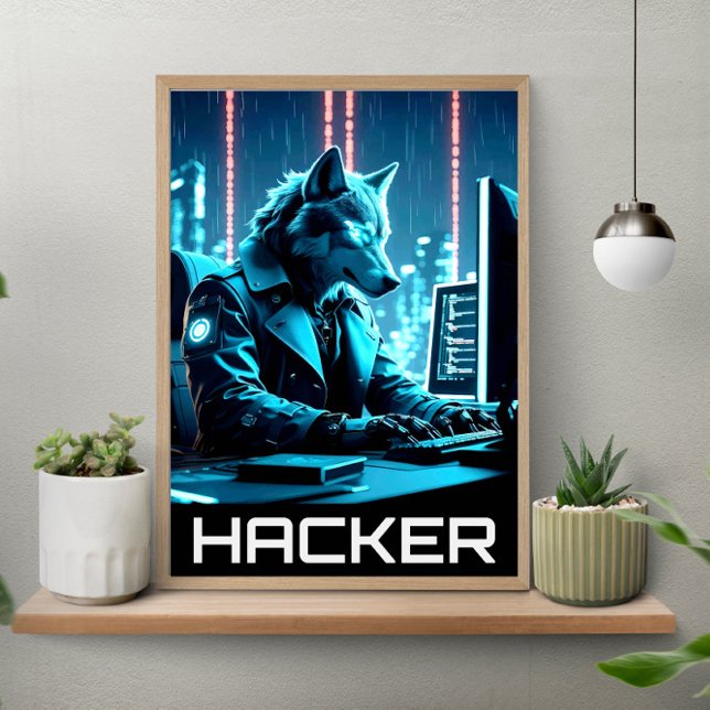 Affiche Loup de pirate informatique néon style cyberpunk (Créateur téléchargé)