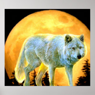Affiche loup de pleine lune de clair de lune de forêt de