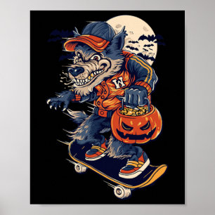 Affiche Loup de skateboard cool portant une citrouille d'H
