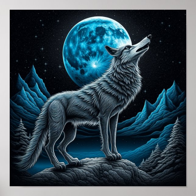Affiche Loup debout devant la pleine lune | art IA (Devant)
