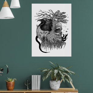 Affiche Loup et corbeau avec crâne