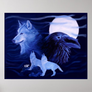 Affiche Loup et corbeau avec pleine lune