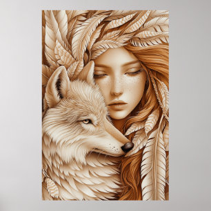 Affiche Loup et femme en plumes