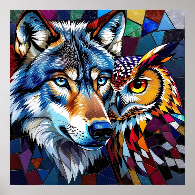 Affiche Loup et Hibou Vibrants et Colorés (Devant)