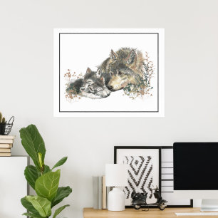 Affiche Loup et louveteau à l'aquarelle Art animalier