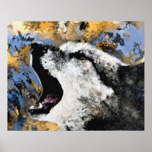 AFFICHE LOUP FAUVE ABSTRAIT BLEU OR