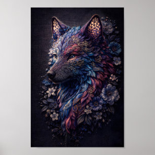 Affiche Loup floral complexe esprit animal bleu violet