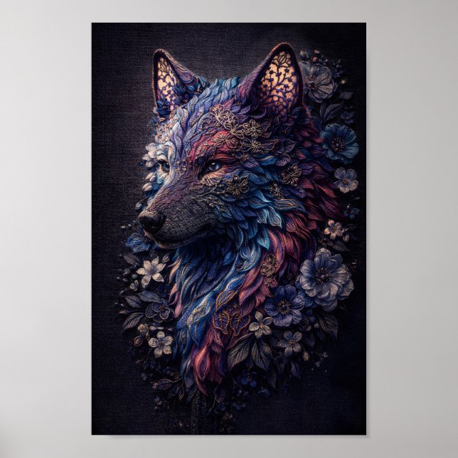 Affiche Loup floral complexe esprit animal bleu violet (Devant)