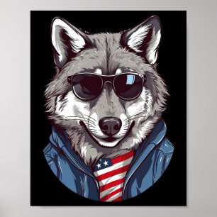 Affiche Loup gris avec drapeau américain patriotique Indép