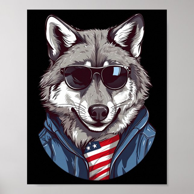 Affiche Loup gris avec drapeau américain patriotique Indép (Devant)