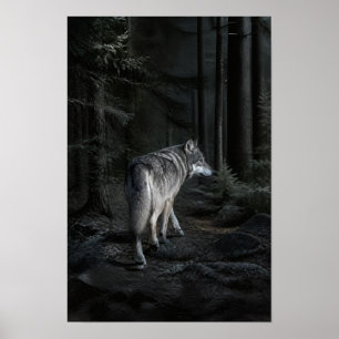 Affiche Loup Gris dans une forêt de conifères ombragée Pap