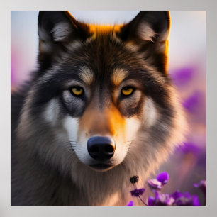 Affiche Loup gris en fleurs violettes
