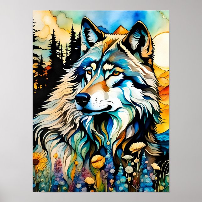Affiche Loup gris et Fleurs sauvages (Devant)