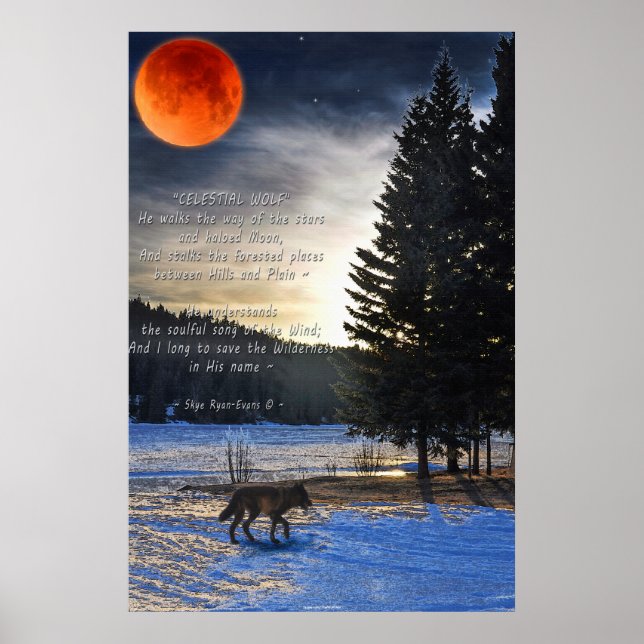 Affiche Loup gris, neige, lune de sang et lac w poème de l (Devant)