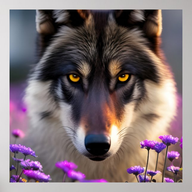 Affiche Loup gris Stare - fleurs roses et violettes (Devant)