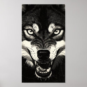 Affiche Loup grognant Style Graphique Noir Blanc 50s