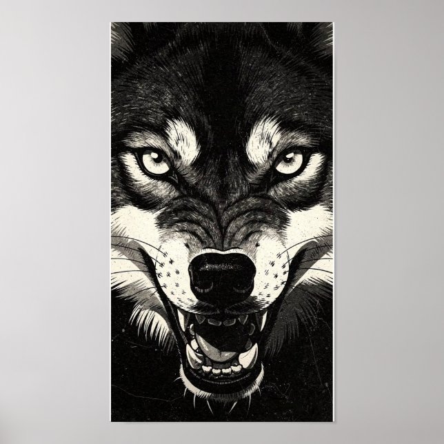 Affiche Loup grognant Style Graphique Noir Blanc 50s (Devant)