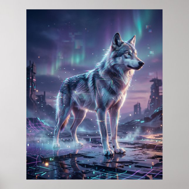 Affiche Loup hologramme Glitch Wasteland (Devant)