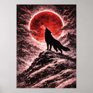 Affiche Loup hurlant à la lumière de la lune rouge - Art j