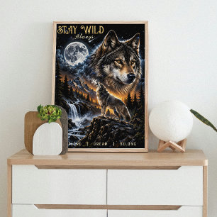 Affiche Loup hurlant à la lune Forêt Faune Nature
