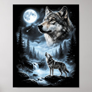Affiche Loup hurlant à la lune Rétro 90