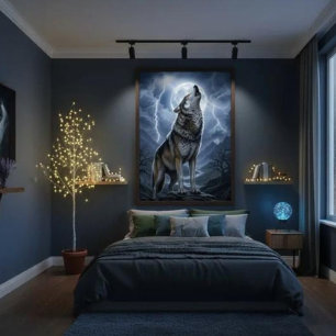 Affiche Loup hurlant à la pleine lune avec orage et éclair
