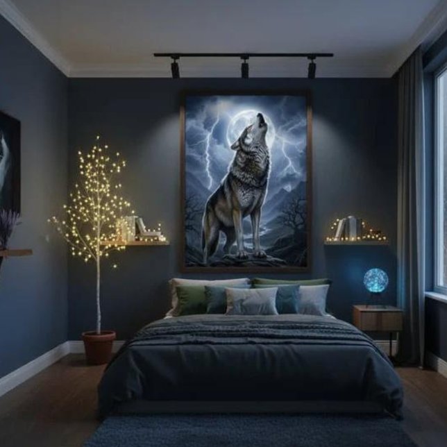 Affiche Loup hurlant à la pleine lune avec orage et éclair (Créateur téléchargé)