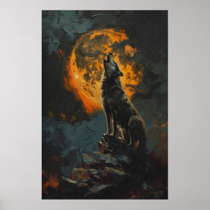 Affiche Loup hurlant à la pleine lune orange imprimable hu
